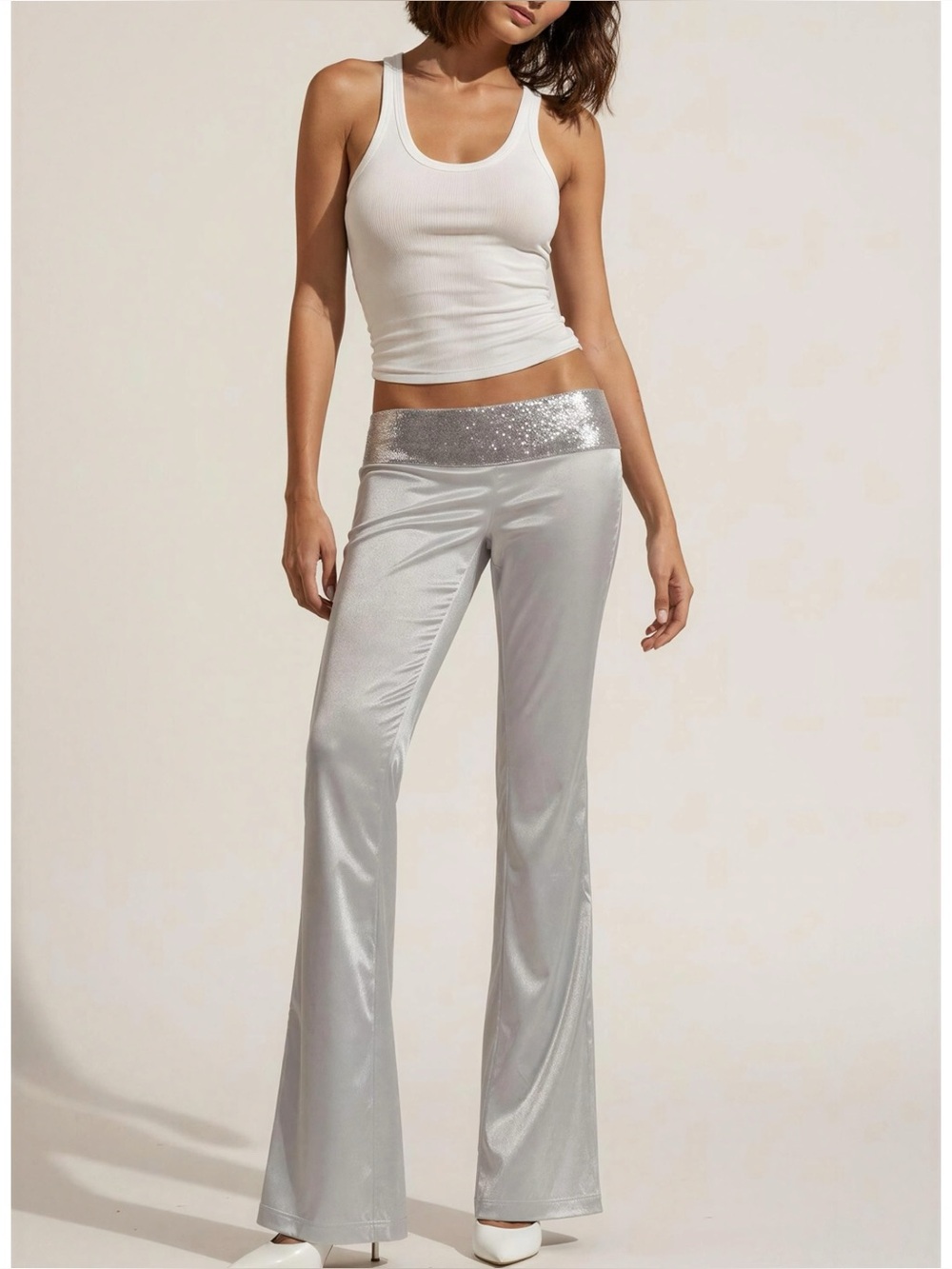 JADED LONDON Nivi Satin Low Rise Chainmail Trousers, Silver, 6 (US)